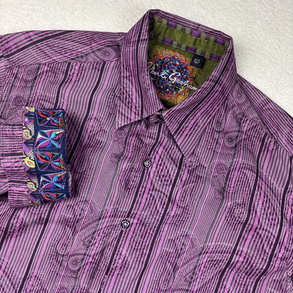 ROBERT GRAHAM Flip Cuff Button Up Shirt Mens Medium Paisley Print Purple LS